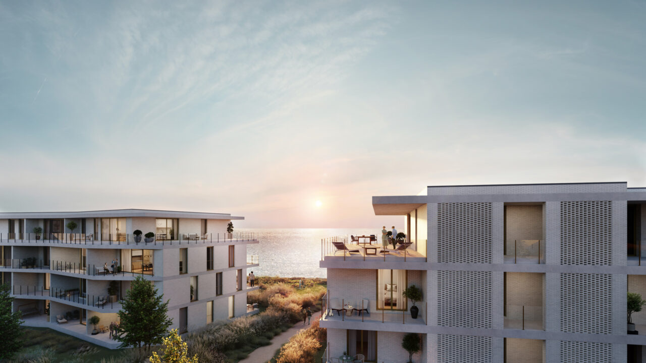 Impressie van de buitenzijde van appartementsgebouw E in Waterzande