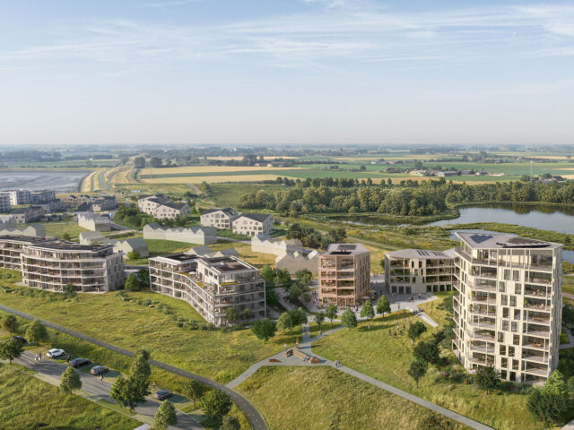 Luchtbeeld van de hotelkern van Waterzande met uitzicht op de polders