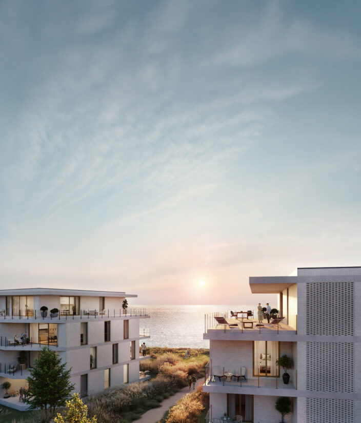 Impressie van de buitenzijde van appartementsgebouw E in Waterzande