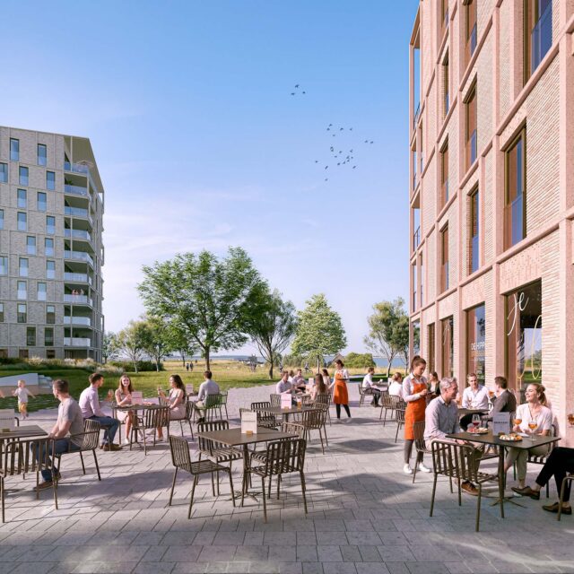 Impressie van het binnenplein tussen de gebouwen van de hotelkern in Waterzande